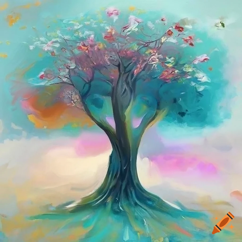 Surrealist Painting Of Tree Of Life And Dog Head On Craiyon