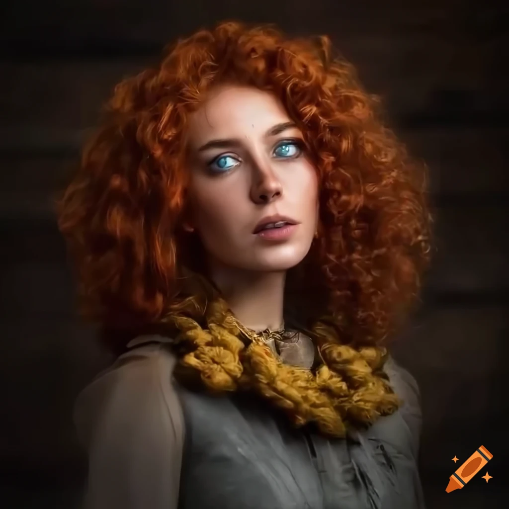 Curly redhead woman in medieval tavern ambiance on Craiyon