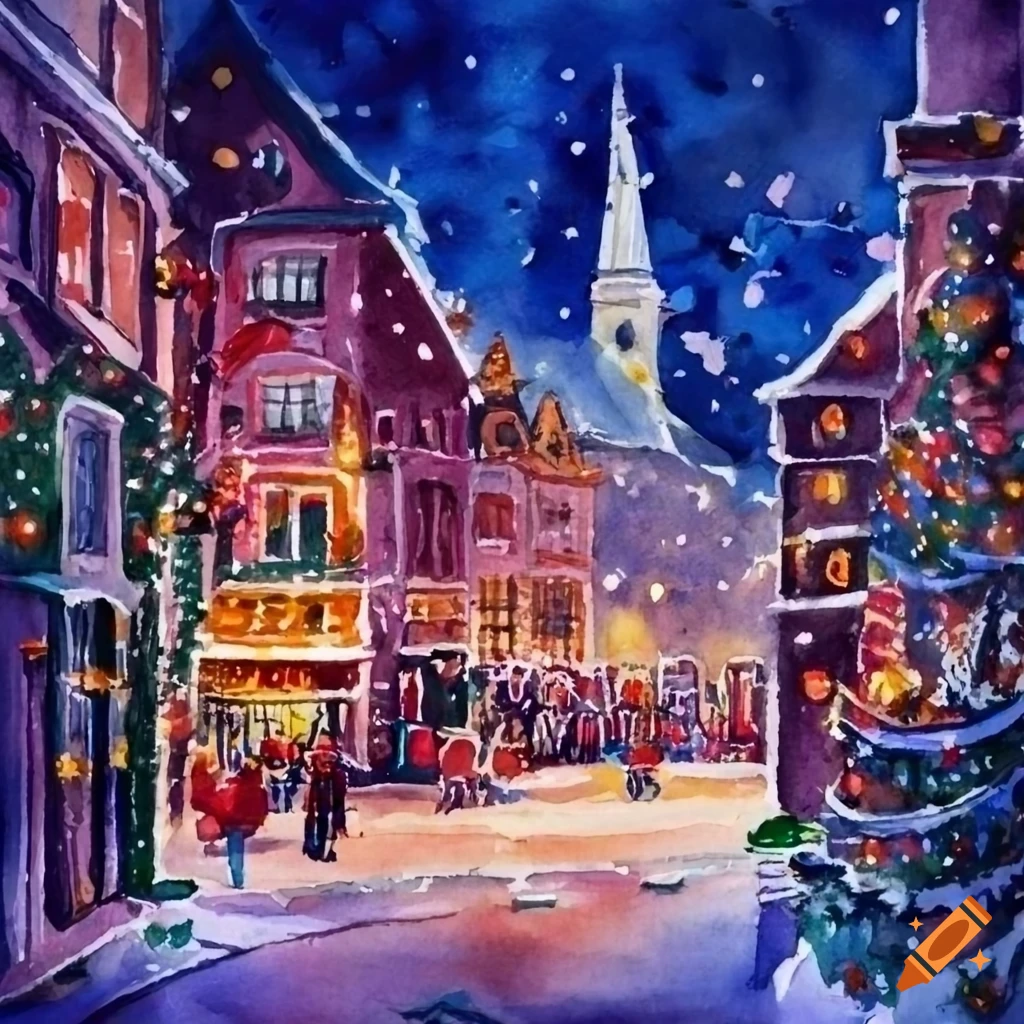 Watercolor painting of a cozy european christmas city scene on Craiyon