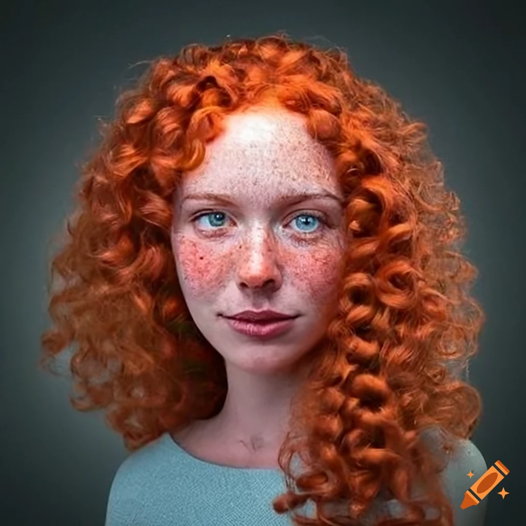 Portrait of a freckled woman with red curly hair
