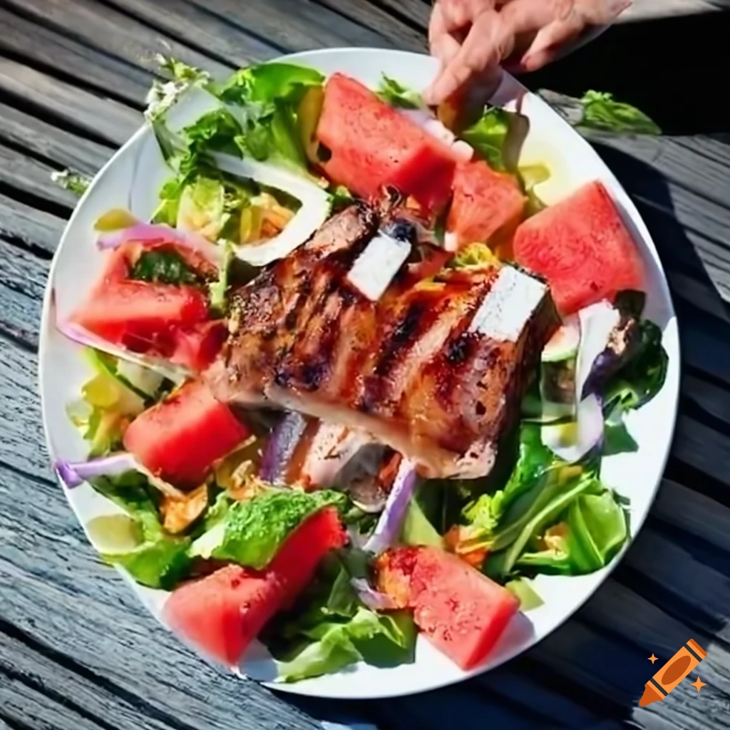 grilled ribs and watermelon salad on patio