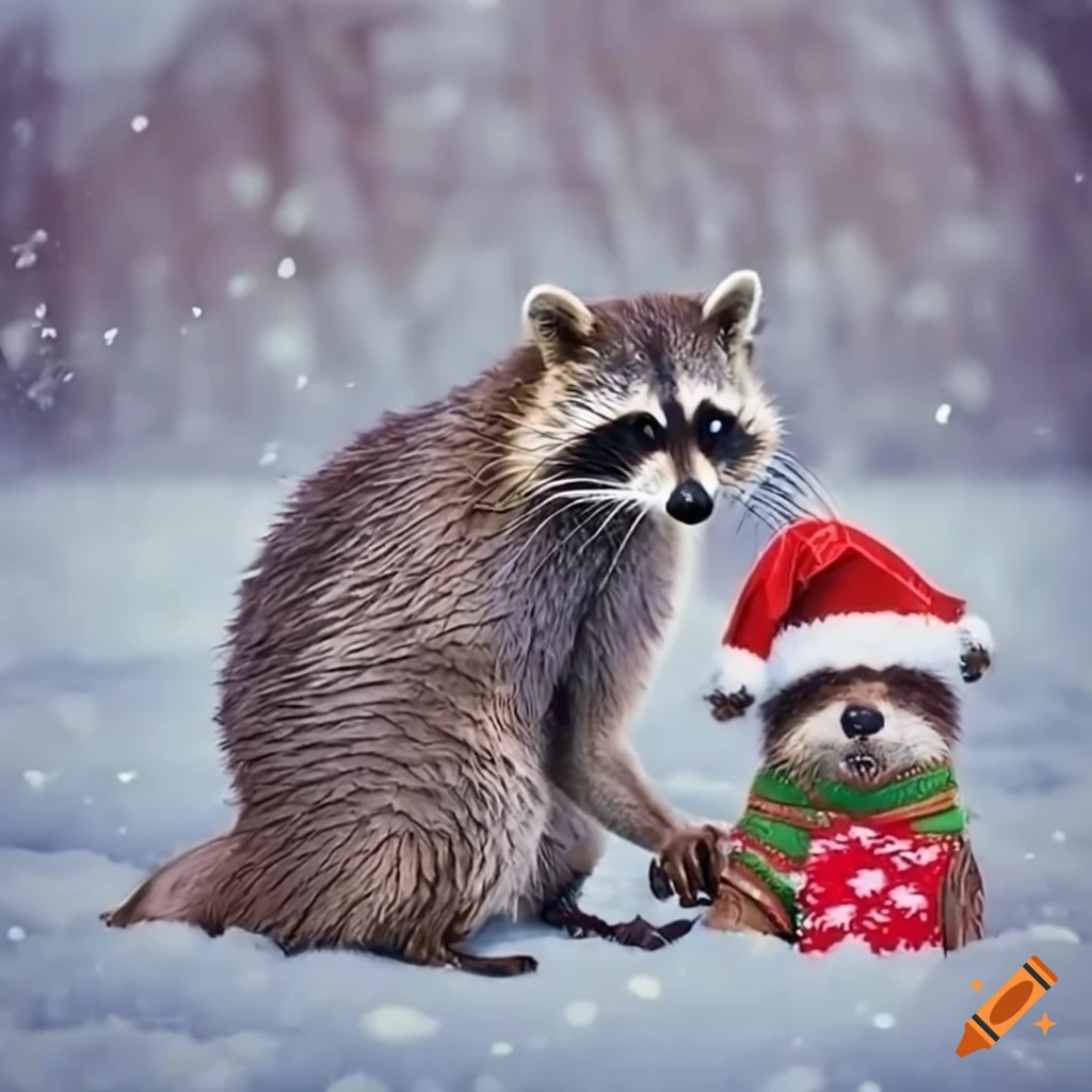raccoon and otter in Christmas outfits in the snow