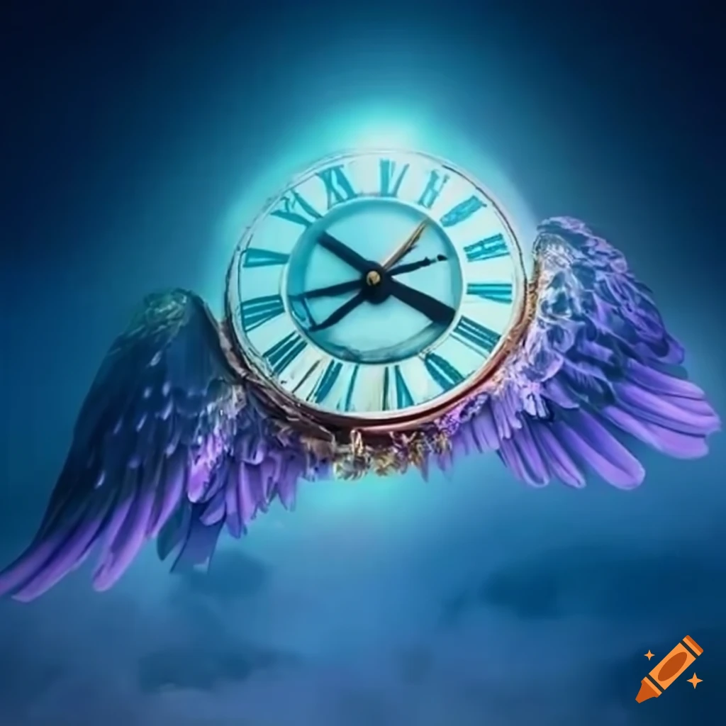 Ethereal clock with wings in the sky on Craiyon