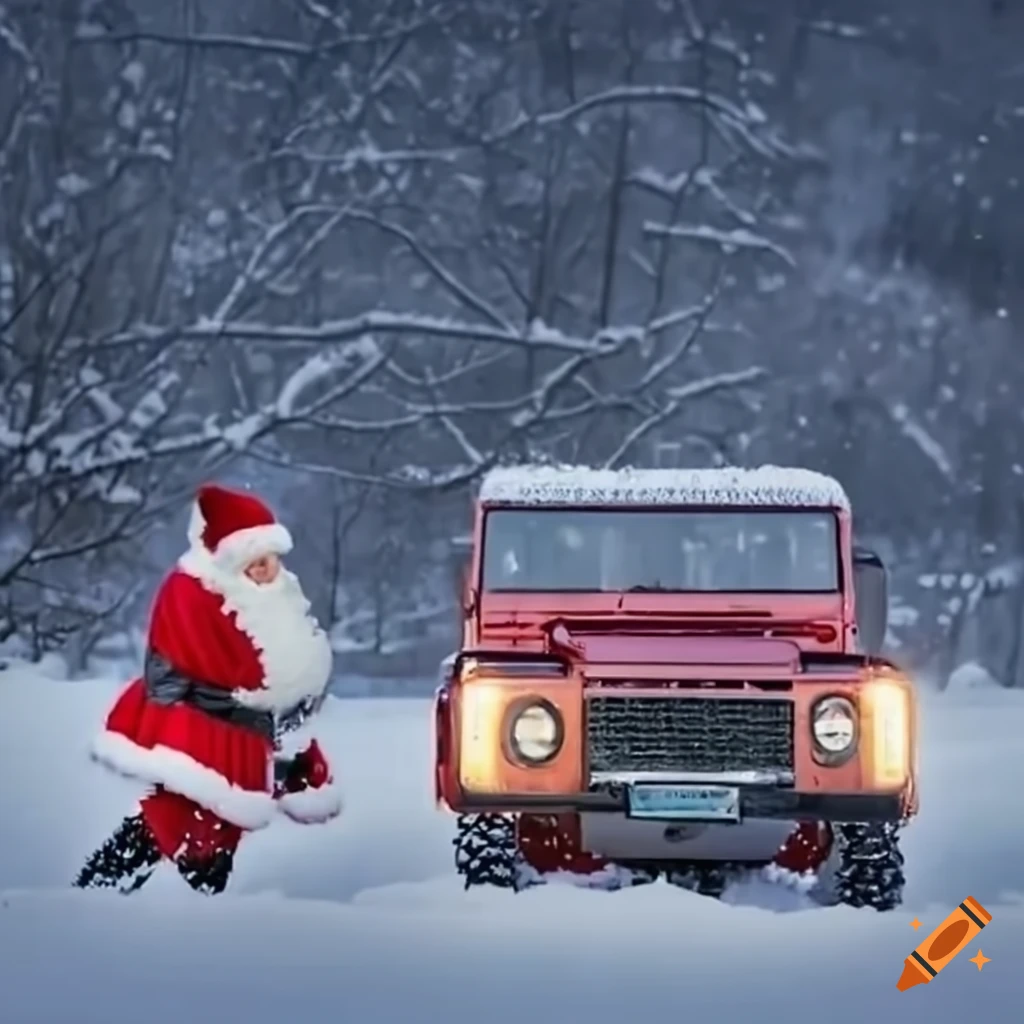 Santa Claus driving a Land Rover Defender in the snow
