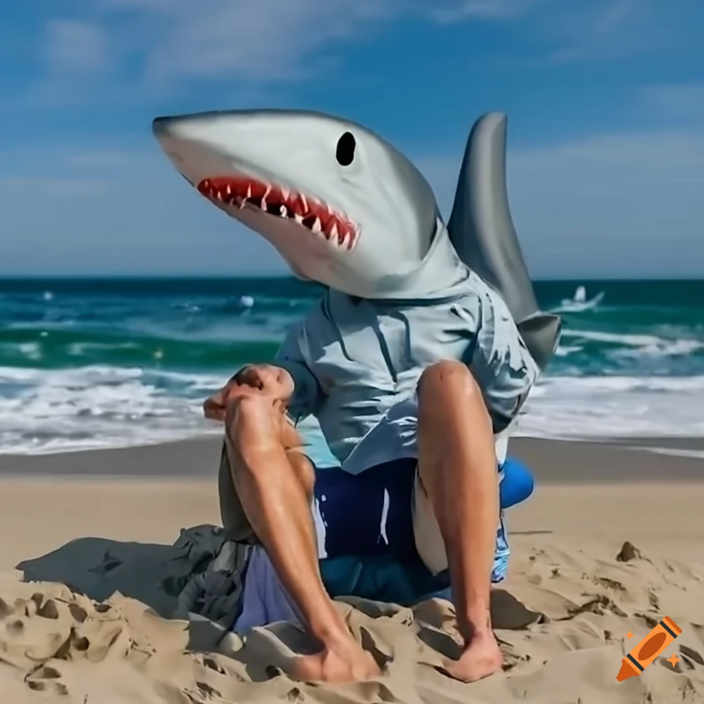 man wearing a latex shark mask at the beach