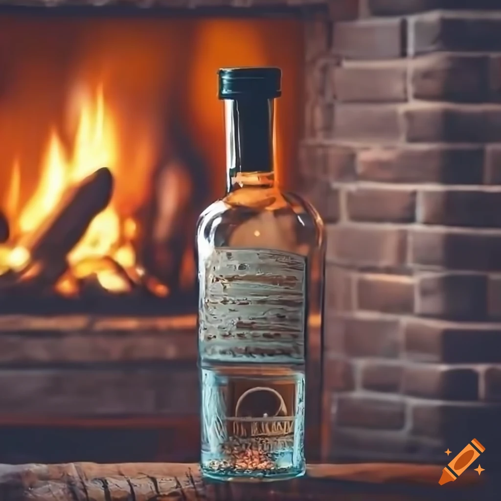 gin bottle near a fireplace