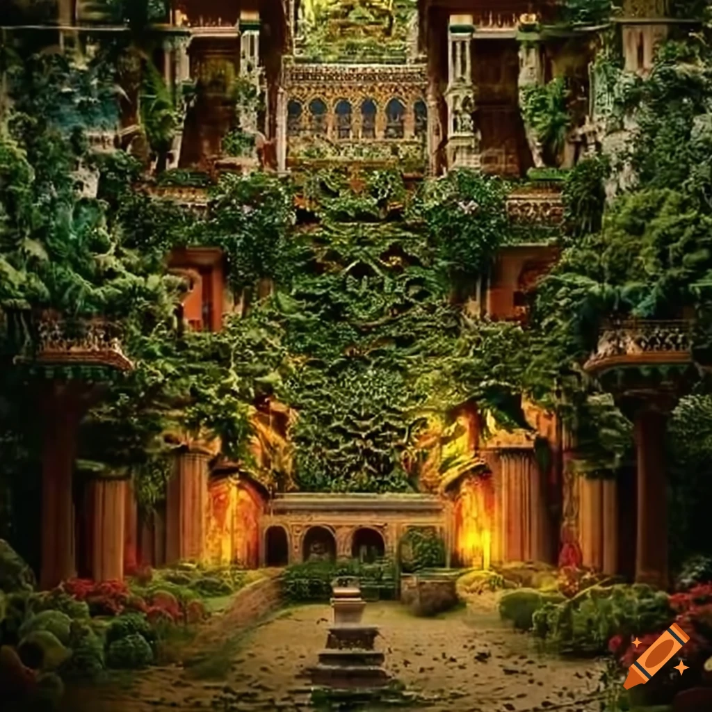 Illustration of the hanging gardens of babylon on Craiyon