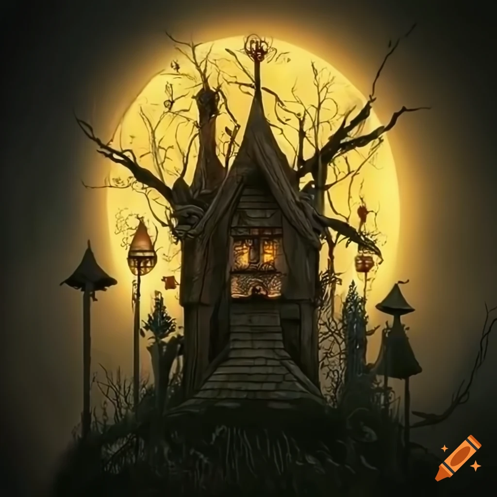 Surrealistic Park With Vibrant Yellow Light And Fantasy Creatures On 