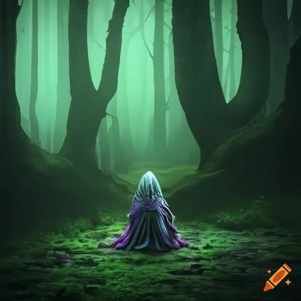 image of a dark magical forest with a lonely mage