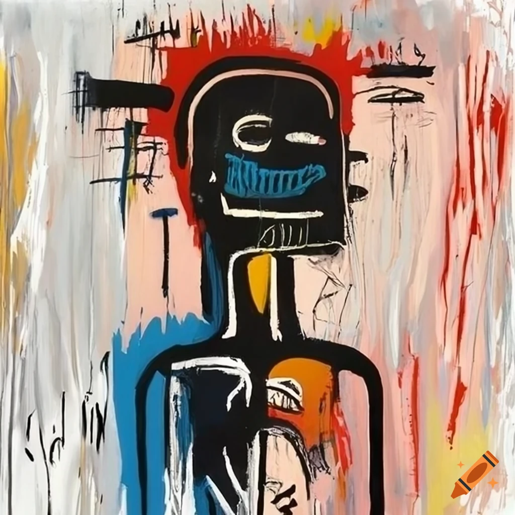 painting of expressive human body with Basquiat symbols