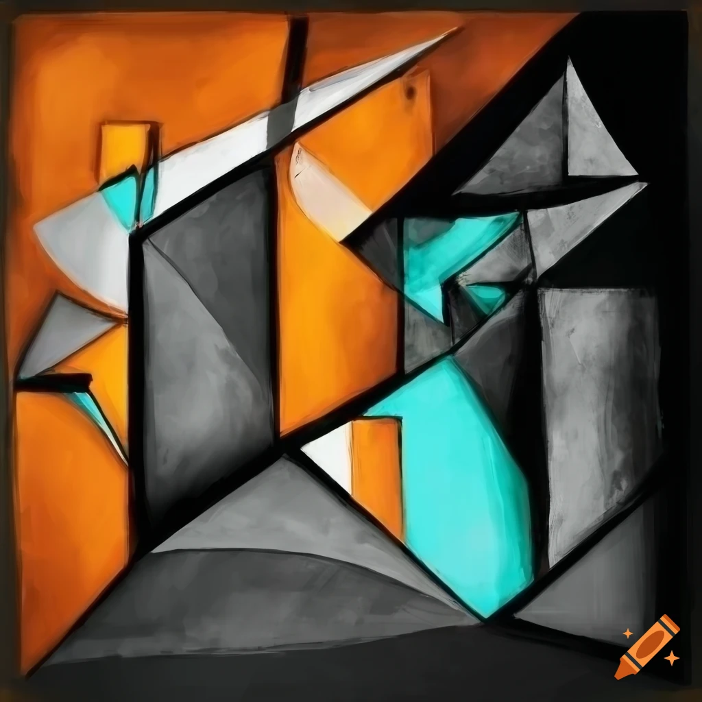 black and white abstract art with orange, green, blue and fine black lines