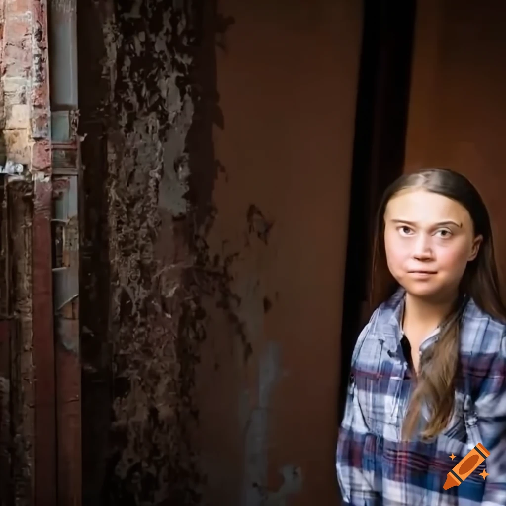 photorealistic image of a young woman in plaid shirt and leather trousers peeking through a derelict door