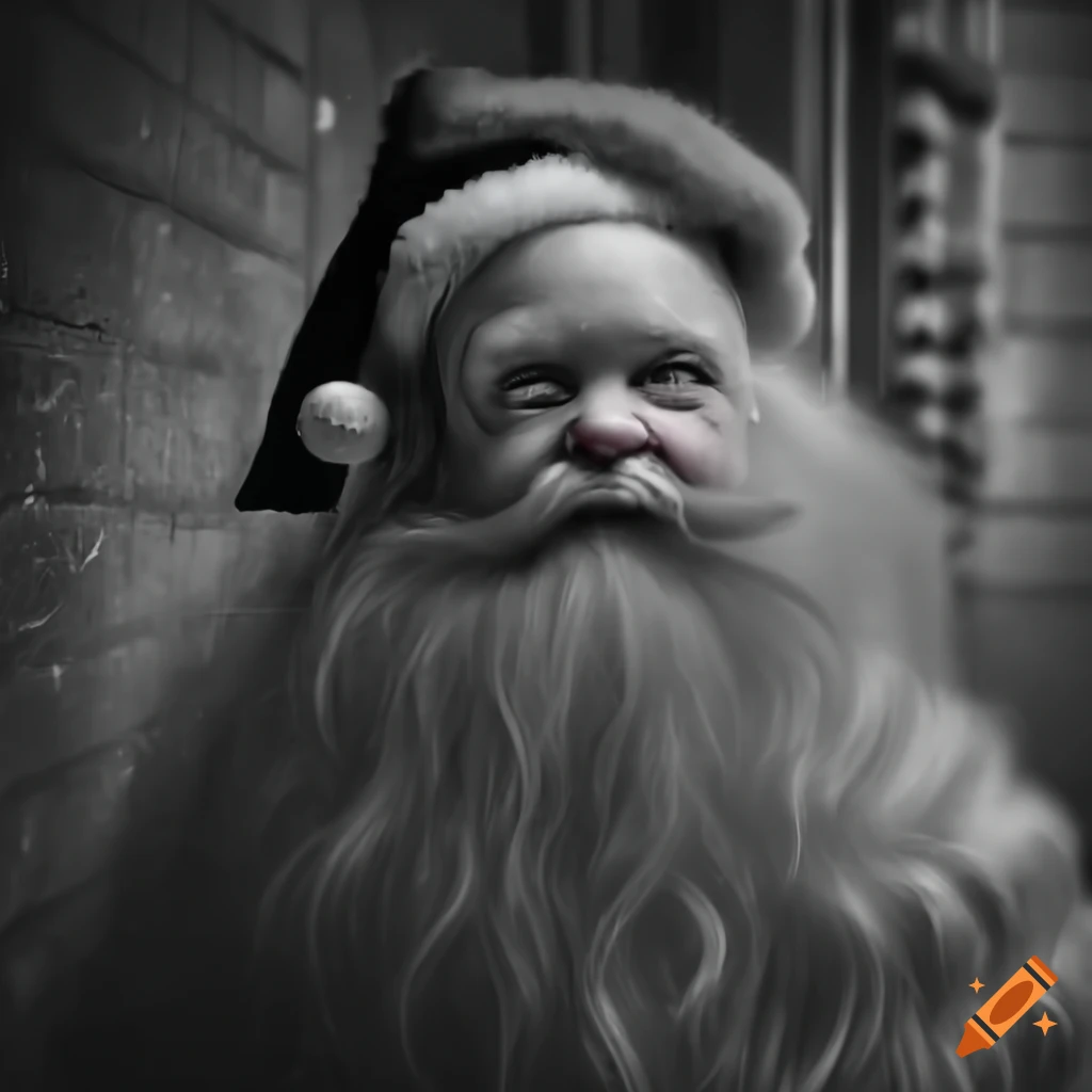 menacing black and white image of Santa Claus in a dark alley