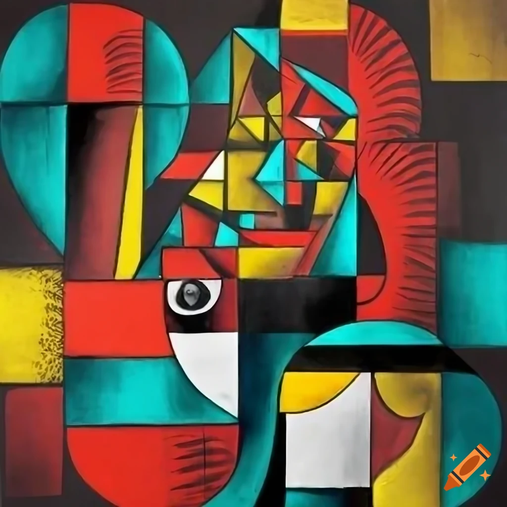 Surrealist cubist artwork in black and white with red, yellow, and ...