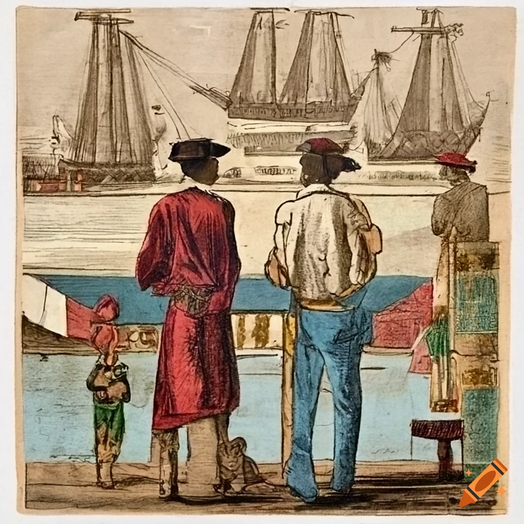 vibrant 19th-century street scene in Manila with traders and ships