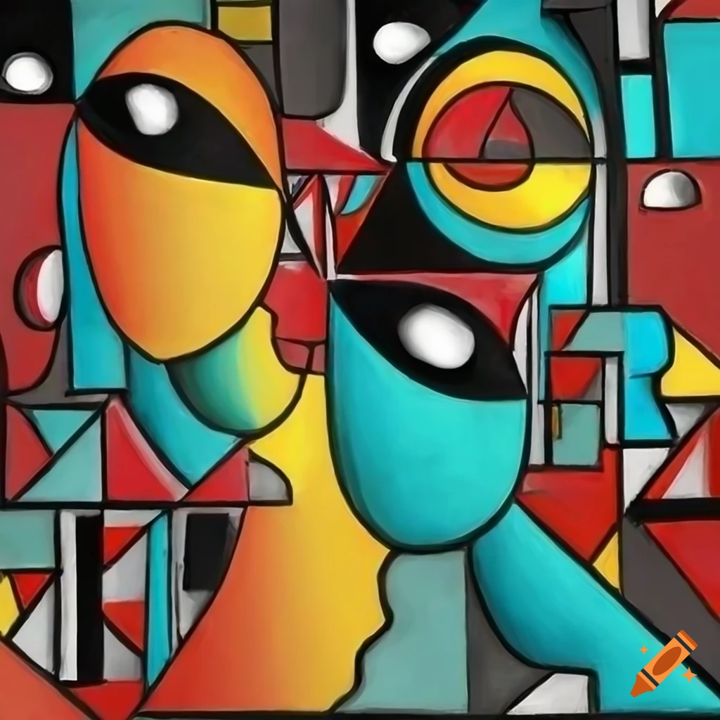 black and white surrealist cubist artwork with red, yellow, and turquoise accents