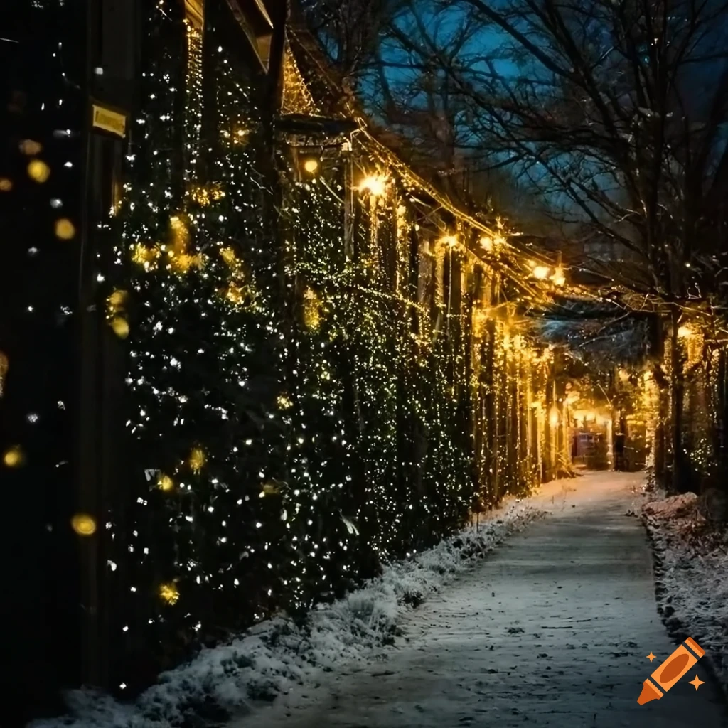 festive alley with Christmas lights and snow