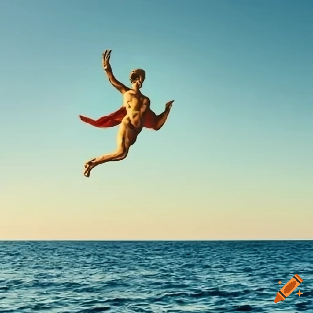 ancient holy card of a man flying over the sea