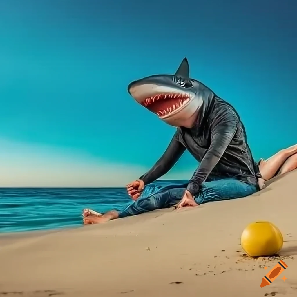 man in a shark mask enjoying the beach