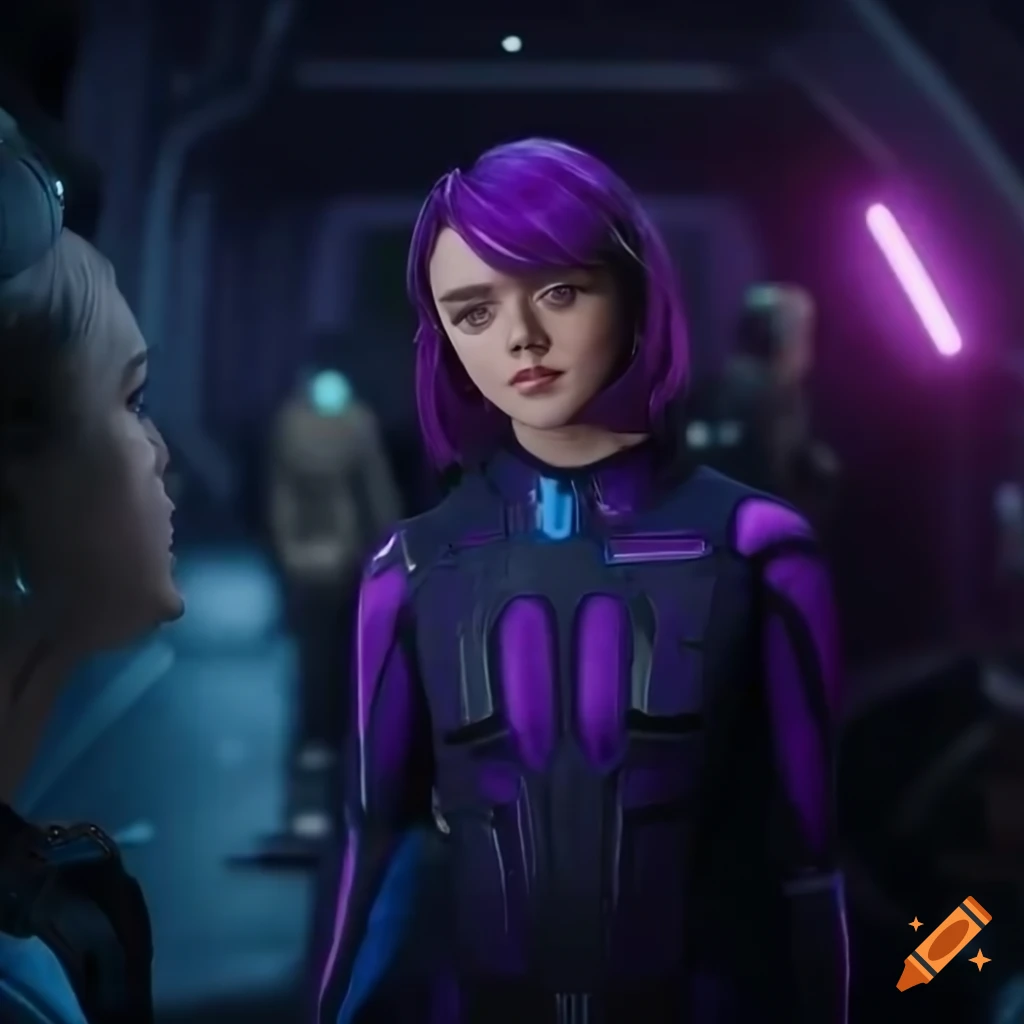 sci-fi girl with purple hair in an unreal engine scene