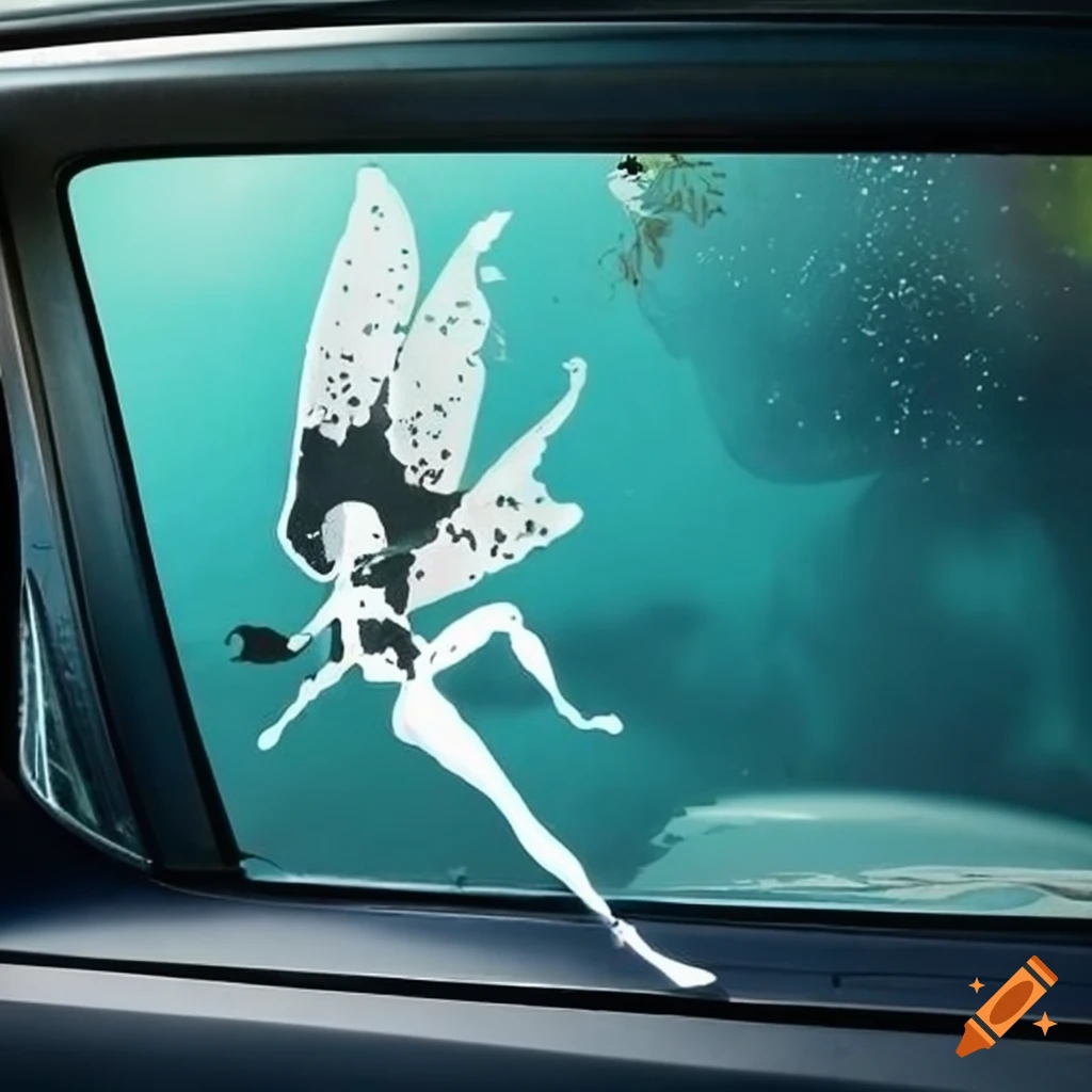 stencil art of a scuba fairy crashing into a car windshield