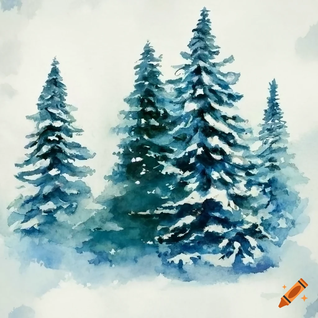 watercolor of three close fir trees in winter