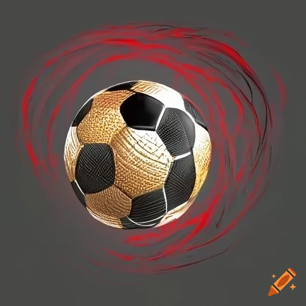 black, red, and gold line drawing of a flying soccer ball