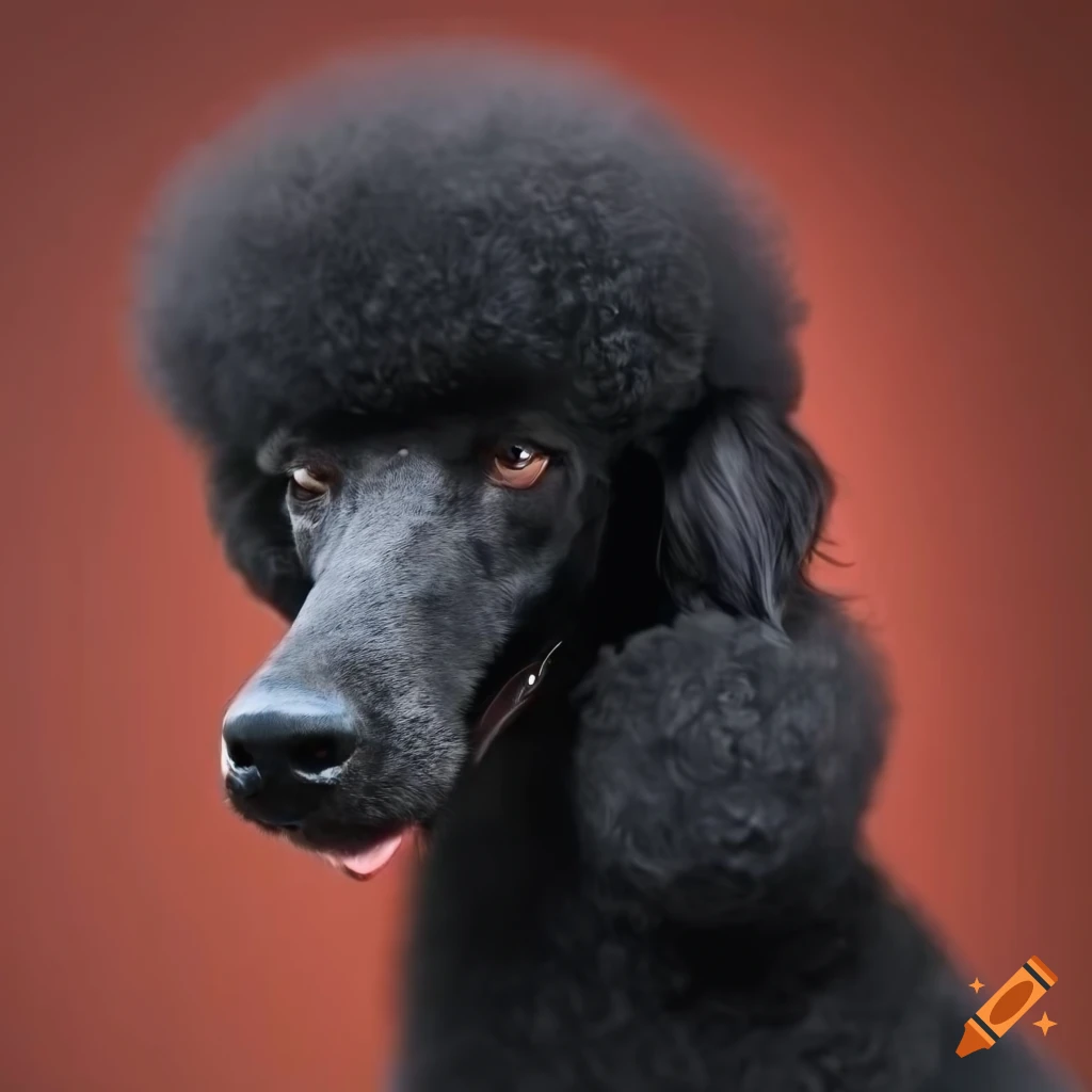 Black standard poodle with flared legs and red tail on Craiyon