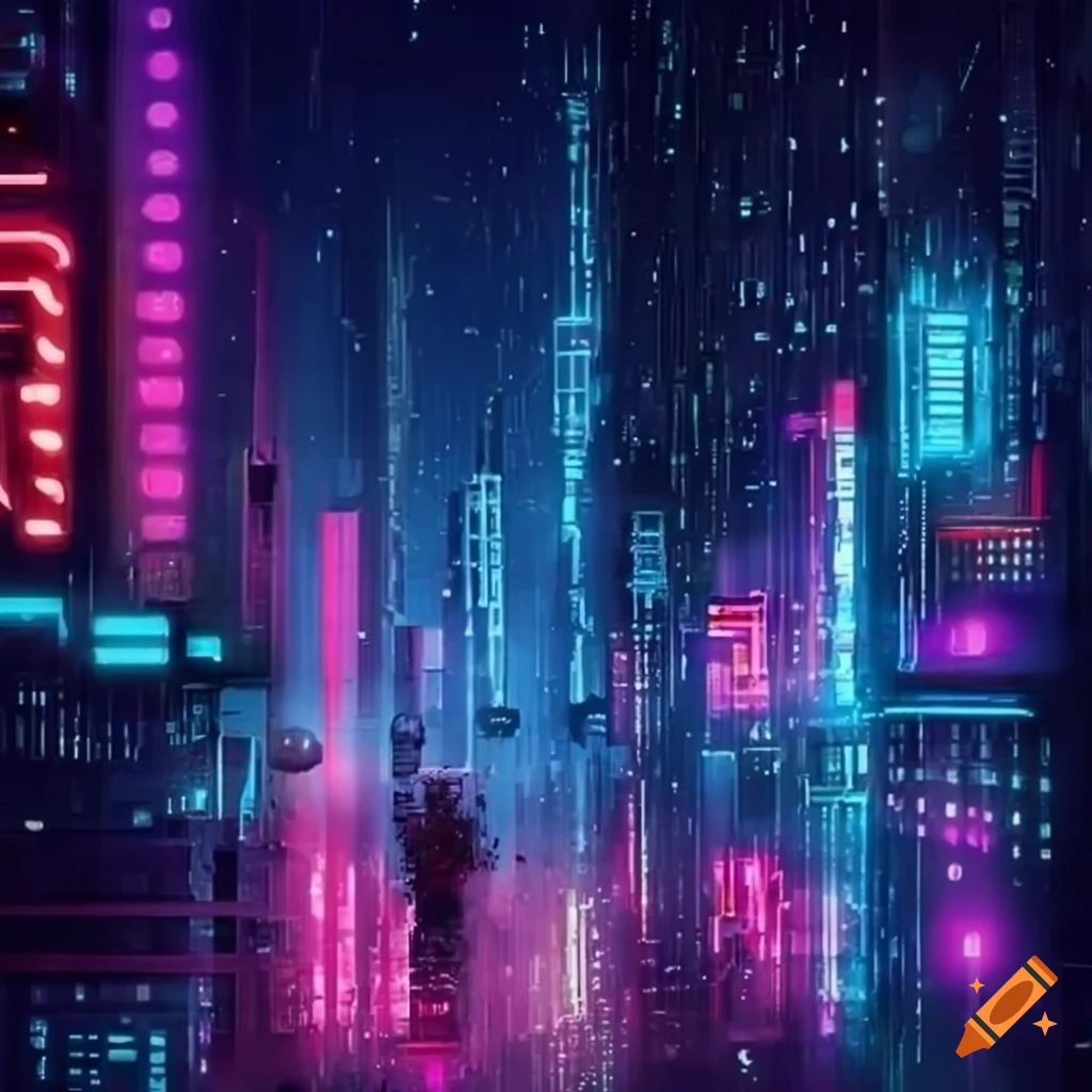 Neon-lit futuristic city under a rain
