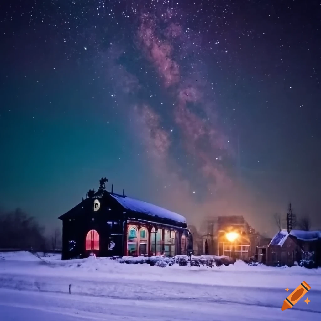 Snowy pennsylvania pretzel factory with colored lights and steam train