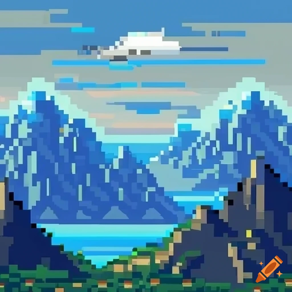 Pixel art mountain background for flight simulator game on Craiyon
