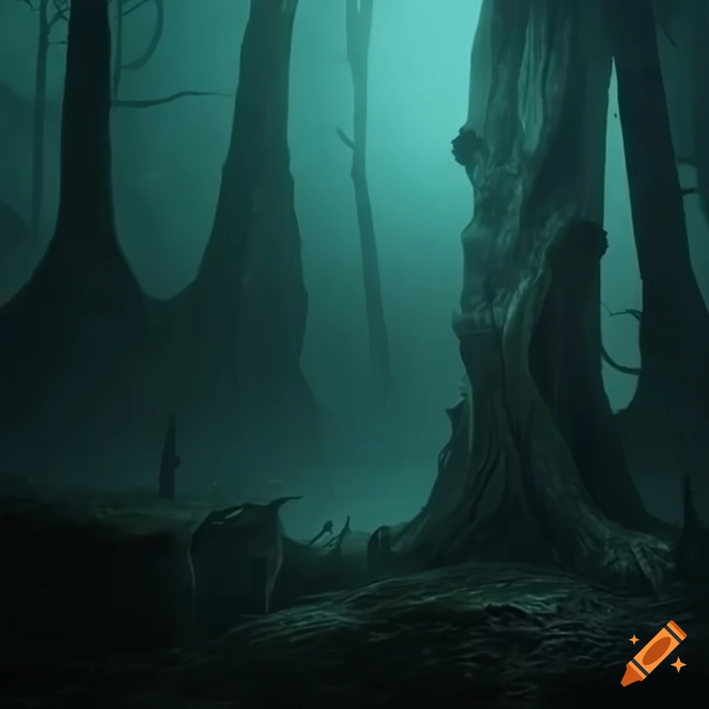 cinematic forest scene inspired by Lovecraft's work
