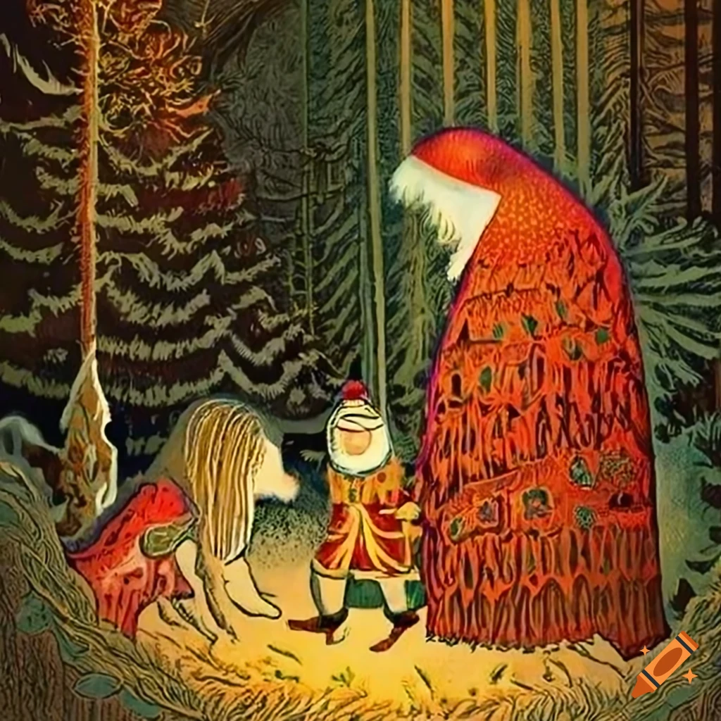 festive holiday illustration combining Native Salish and Russian fairytale motifs