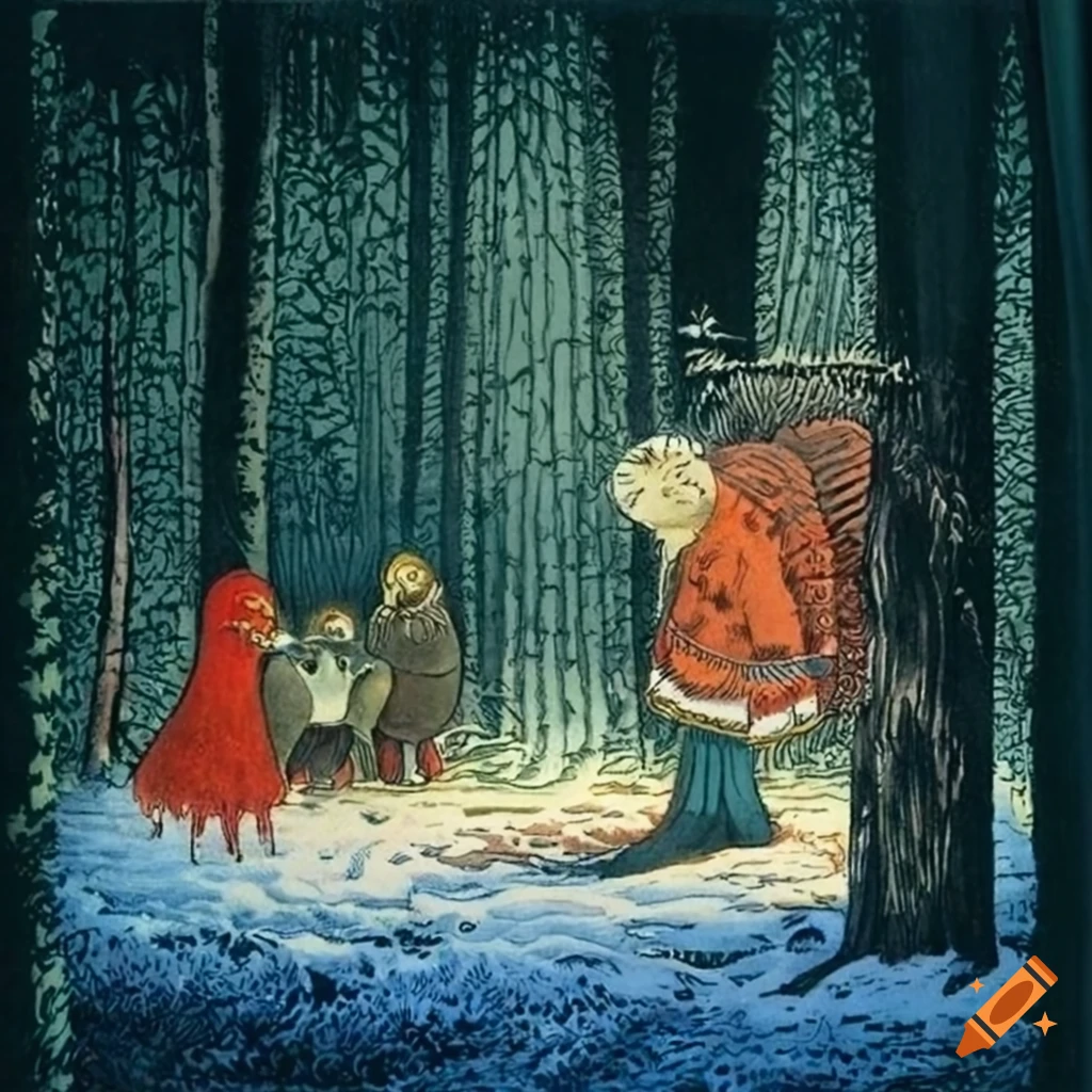 illustration of a festive holiday Christmas scene with Native Salish and Russian fairytale motifs