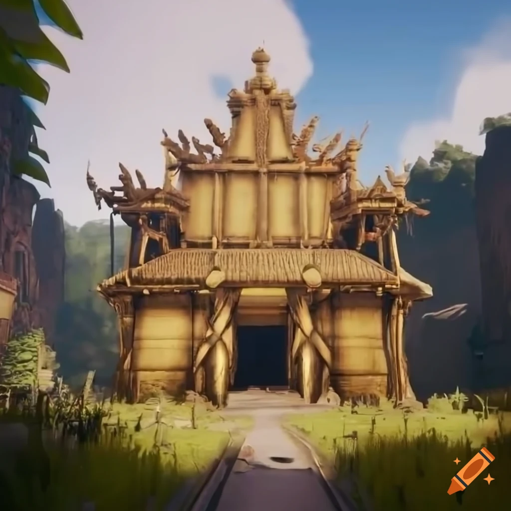 aerial view of a sci-fi temple in a jungle