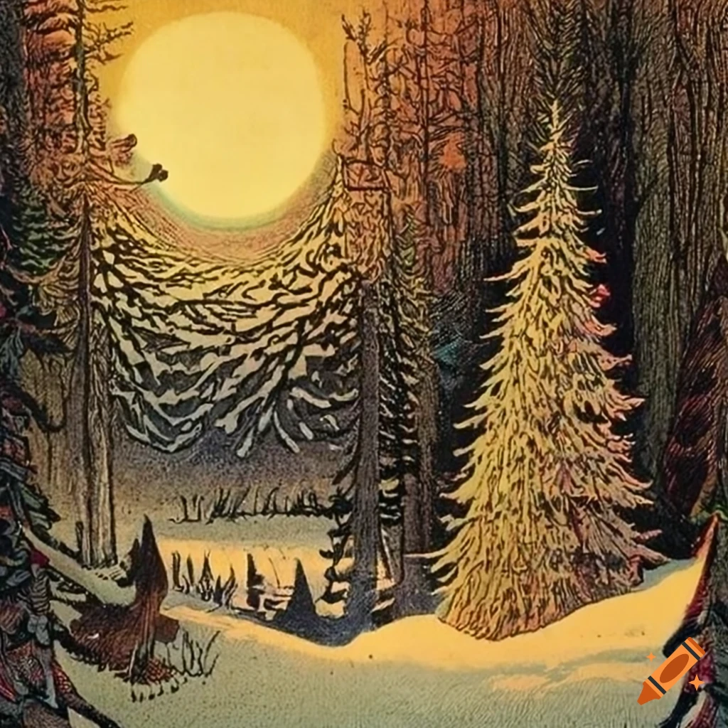 festive holiday illustration with Native Salish and Russian fairytale motifs