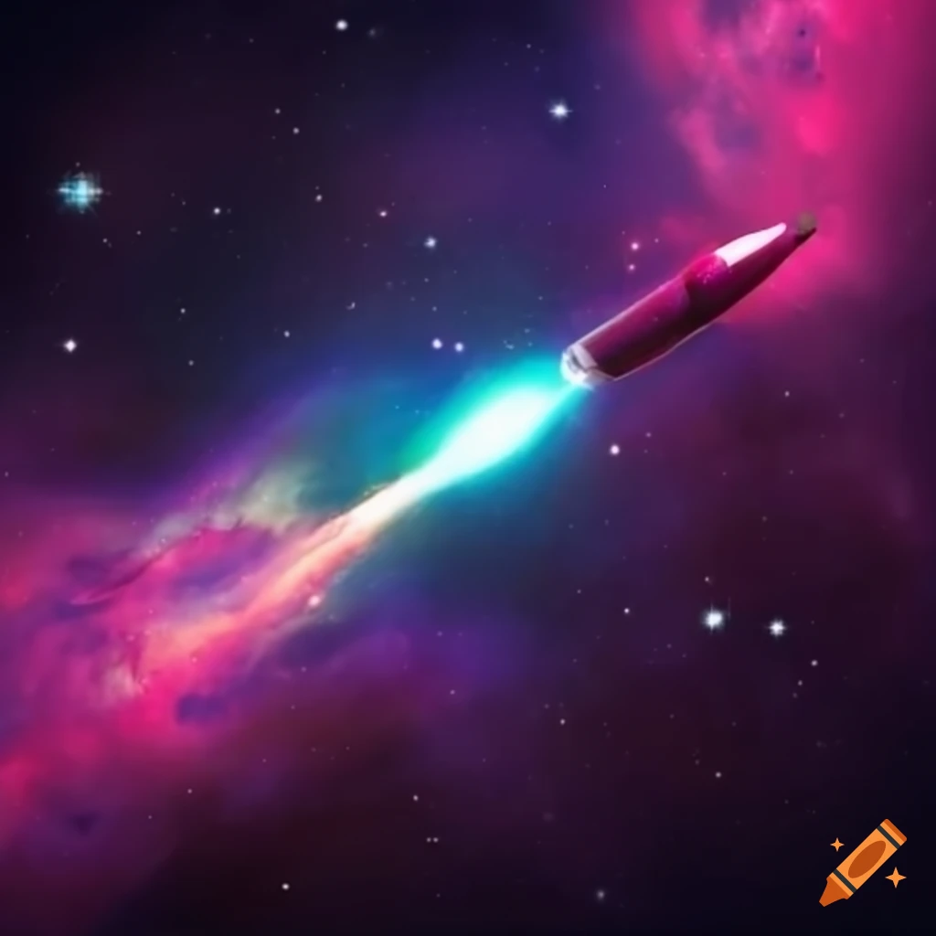 realistic depiction of a rocket in a colorful galaxy