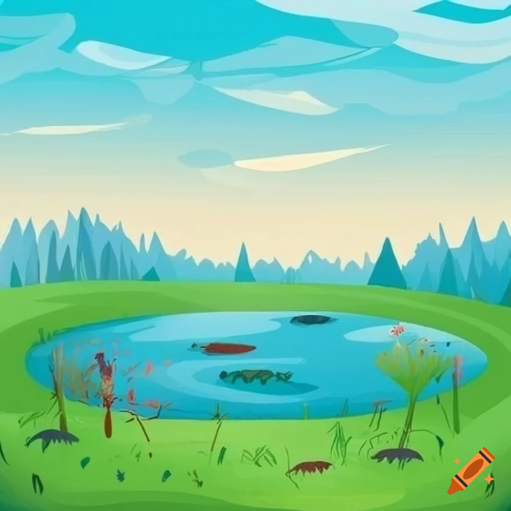Cartoon grassland with a cute pond on Craiyon