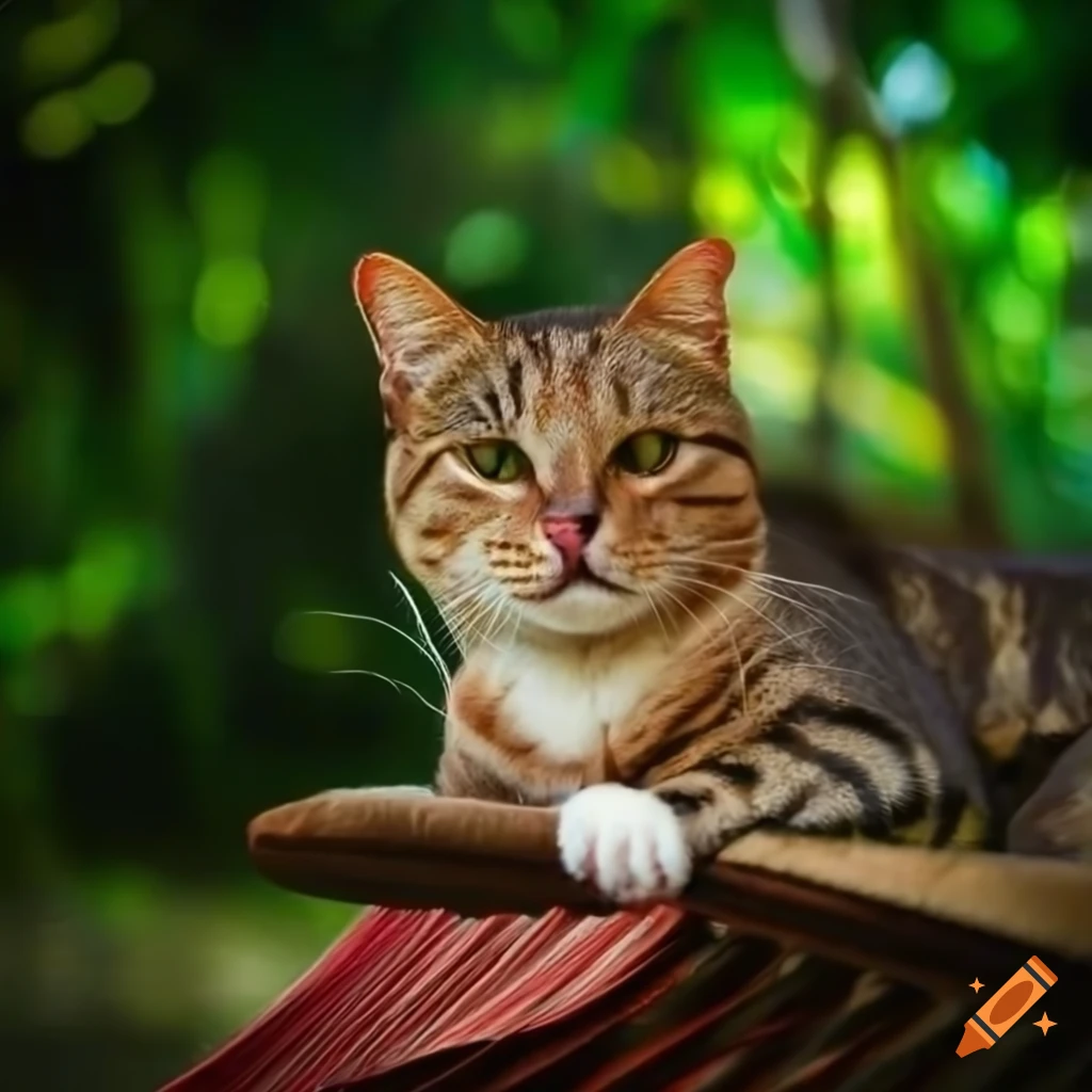 giant cat relaxing on a hammock in a tropical jungle