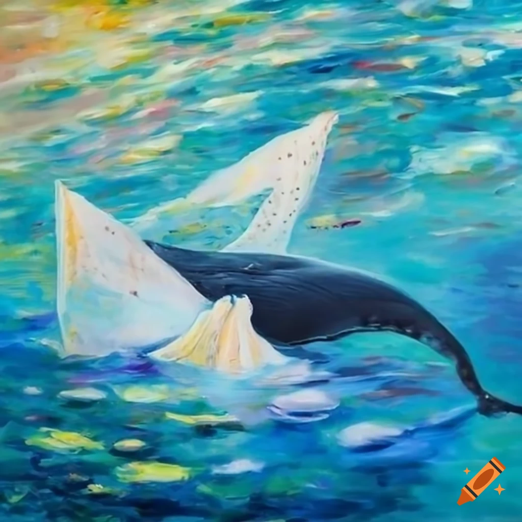 Albino humpback whale diving under paper boat