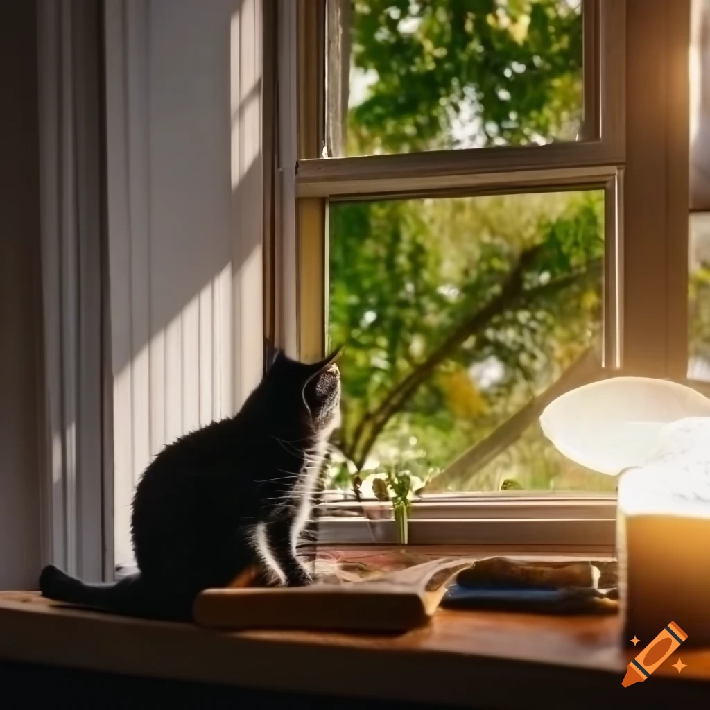 Cat reading in a cozy room with plants and warm lights