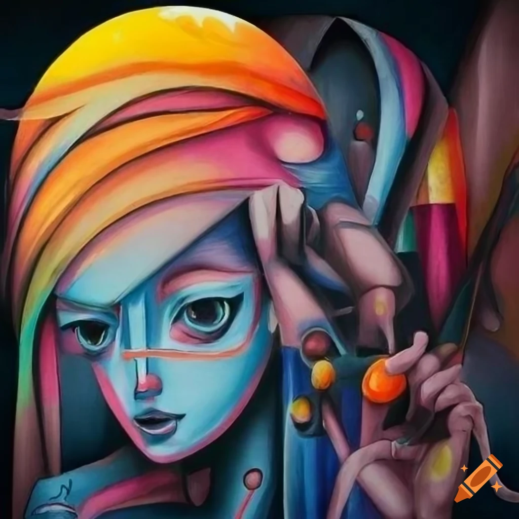 Surreal charcoal artwork with vibrant colors