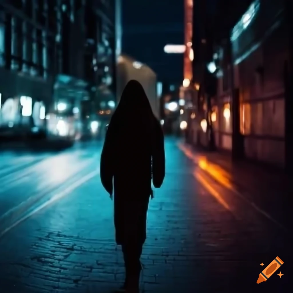 woman walking through a city at night