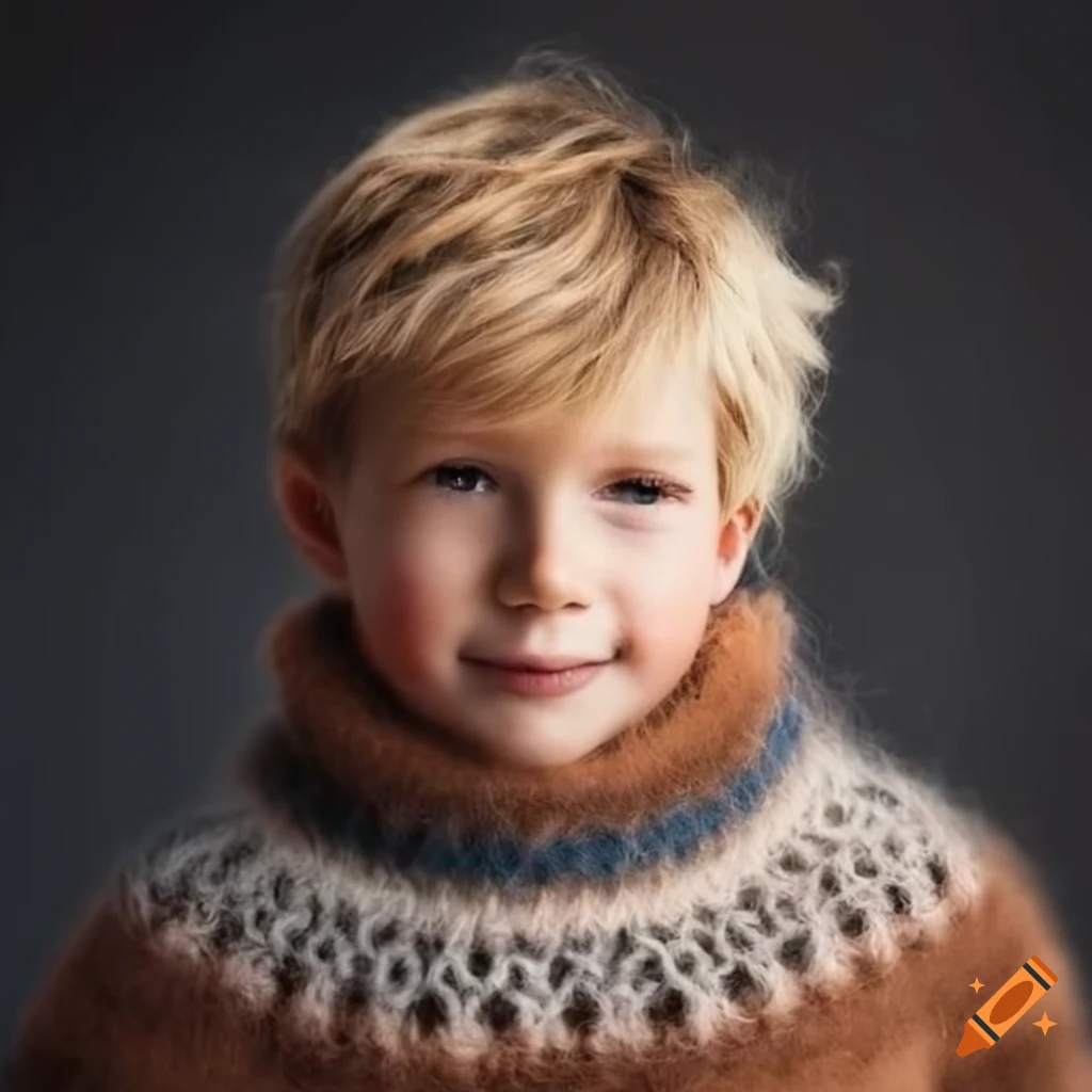 Blond boy in a cozy woolen sweater on Craiyon