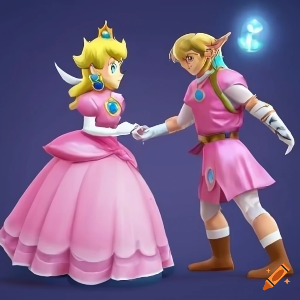 Princess peach and link in pink silk ballgowns posing together on Craiyon
