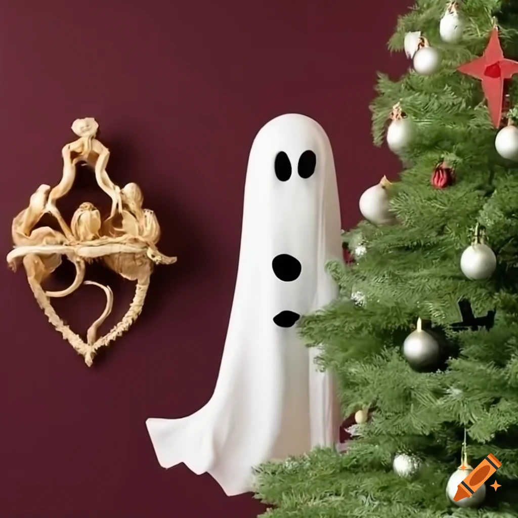 Cute ghost decorating a christmas tree on Craiyon
