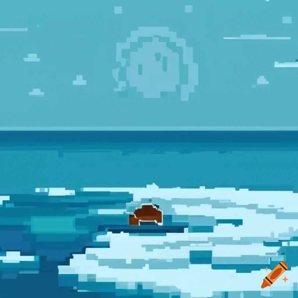 cute pixel art of a frozen ocean with a fishing hole