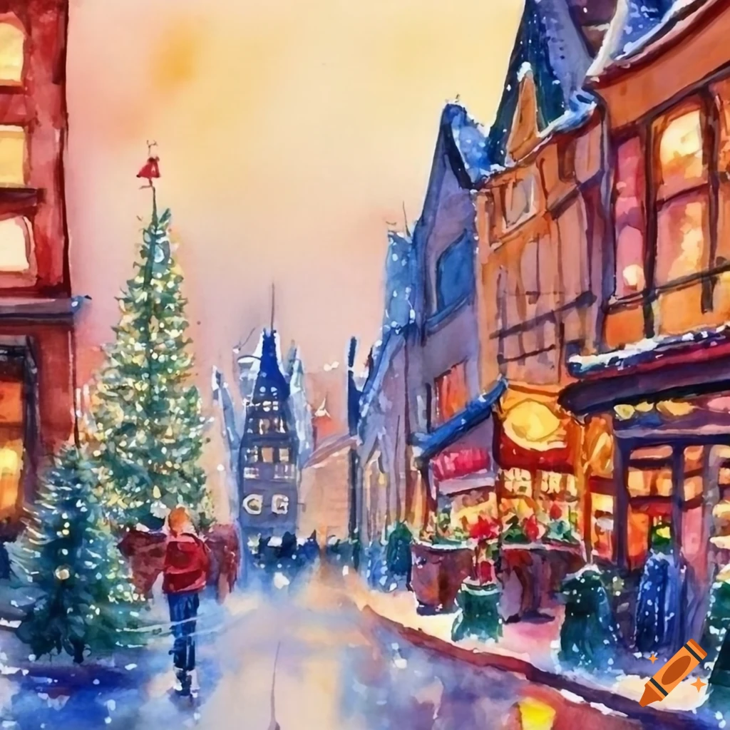 Watercolor painting of a cozy european christmas city scene