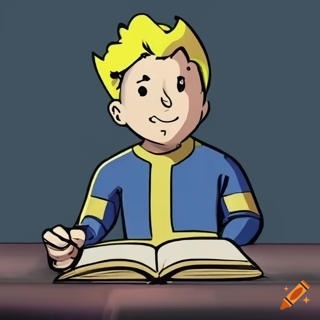 Vault boy reading a book in a vault