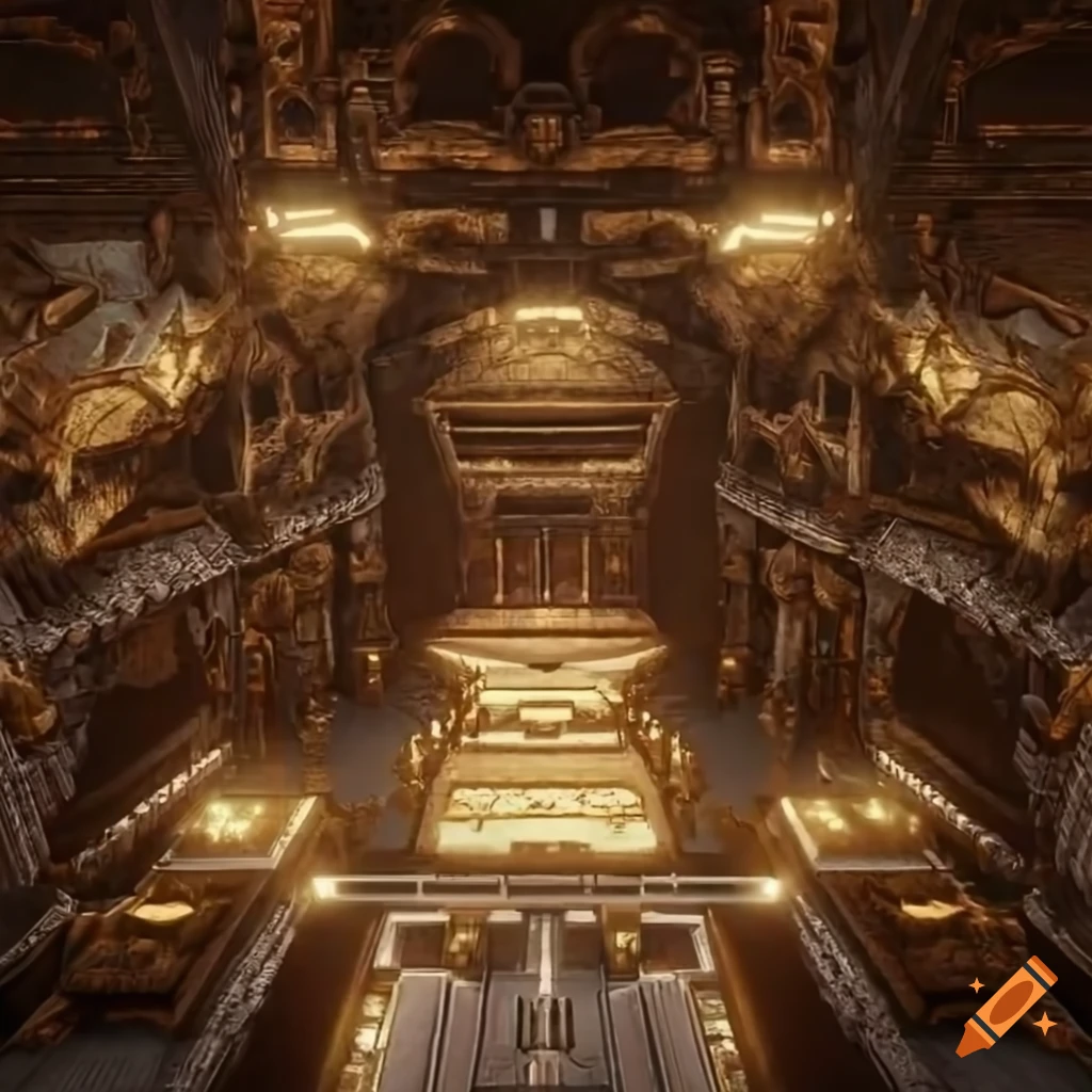 aerial view of a sci-fi temple in a jungle